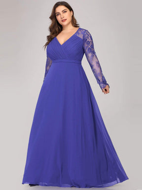 Color=Sapphire Blue | V Neck Long Evening Gown With Lace Sleeves-Sapphire Blue 8