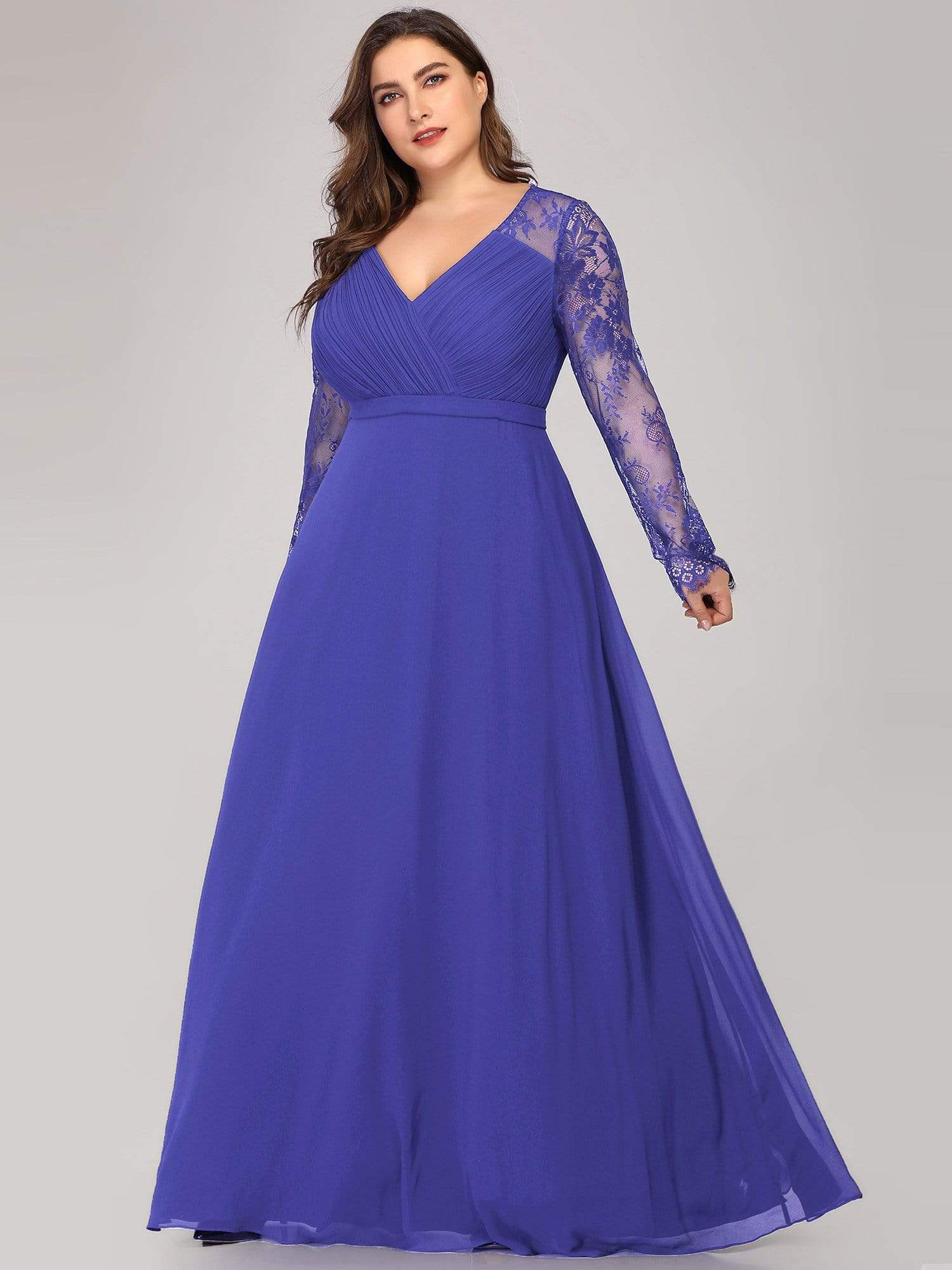 Color=Sapphire Blue | Plus Size V Neck Long Evening Gown With Lace Sleeves-Sapphire Blue 3