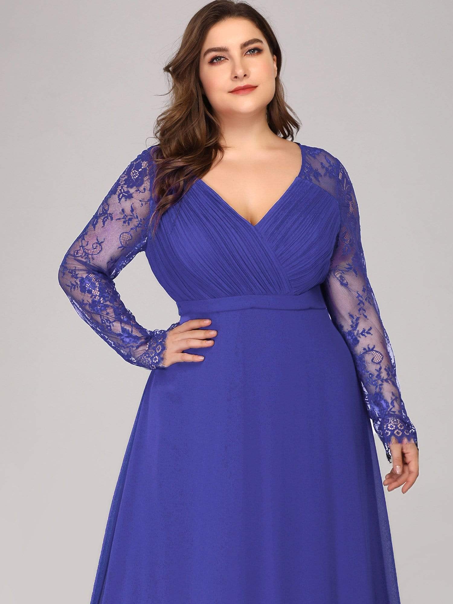 Color=Sapphire Blue | Plus Size V Neck Long Evening Gown With Lace Sleeves-Sapphire Blue 5