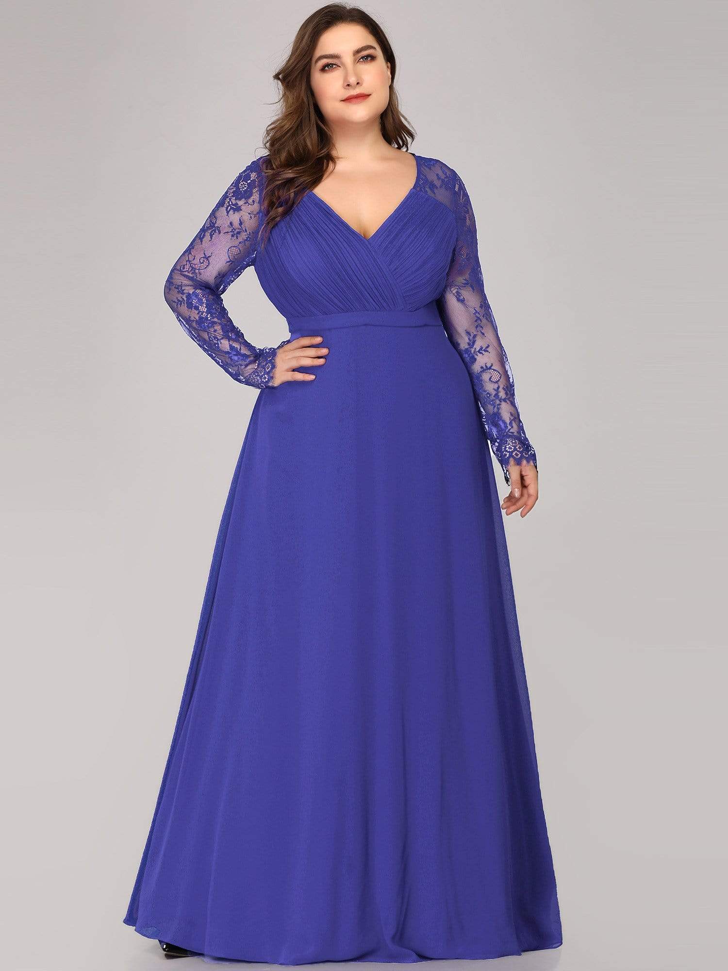 Color=Sapphire Blue | Plus Size V Neck Long Evening Gown With Lace Sleeves-Sapphire Blue 1