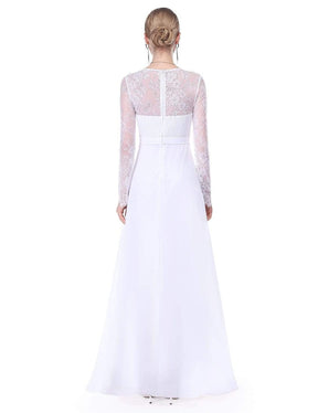 Color=White | V Neck Long Evening Gown With Lace Sleeves-White 2