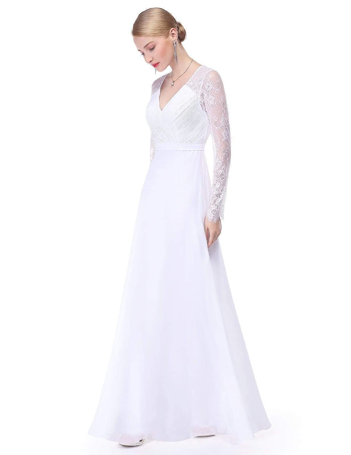 Color=White | V Neck Long Evening Gown With Lace Sleeves-White 3