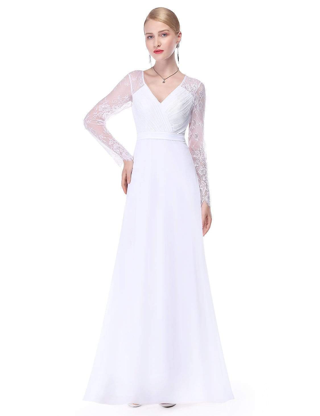 Color=White | V Neck Long Evening Gown With Lace Sleeves-White 4