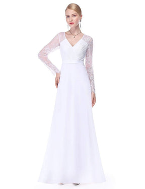 Color=White | V Neck Long Evening Gown With Lace Sleeves-White 4