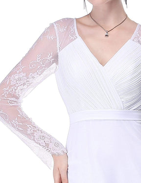 Color=White | V Neck Long Evening Gown With Lace Sleeves-White 5