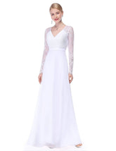 Color=White | V Neck Long Evening Gown With Lace Sleeves-White 1