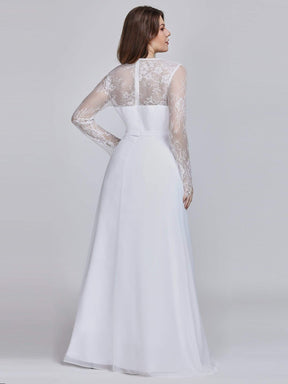 Color=White | V Neck Long Evening Gown With Lace Sleeves-White 7