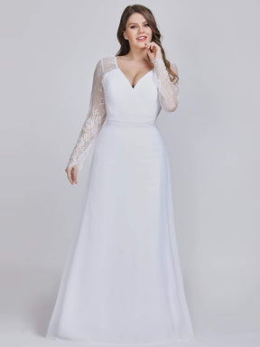 Color=White | V Neck Long Evening Gown With Lace Sleeves-White 8