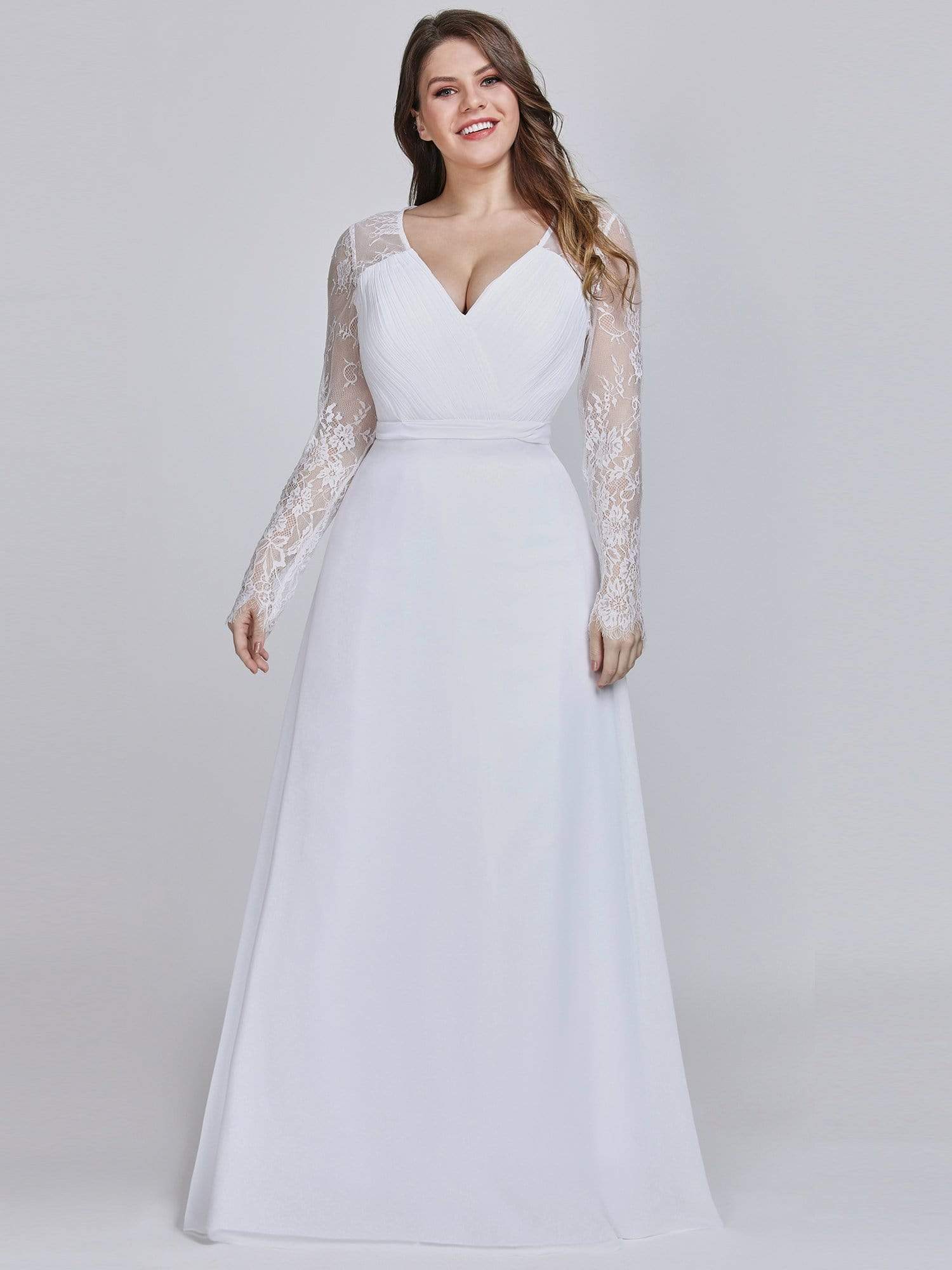 Color=White | V Neck Long Evening Gown With Lace Sleeves-White 6