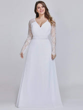 Color=White | V Neck Long Evening Gown With Lace Sleeves-White 6