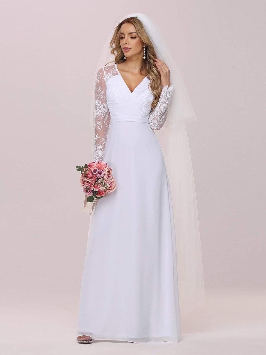 Color=White | Minimalist V-Neck Chiffon Wedding Dress With Long Sleeves-White 7