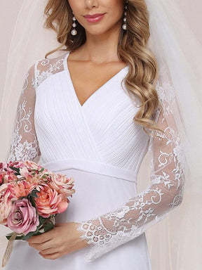 Color=White | Minimalist V-Neck Chiffon Wedding Dress With Long Sleeves-White 8