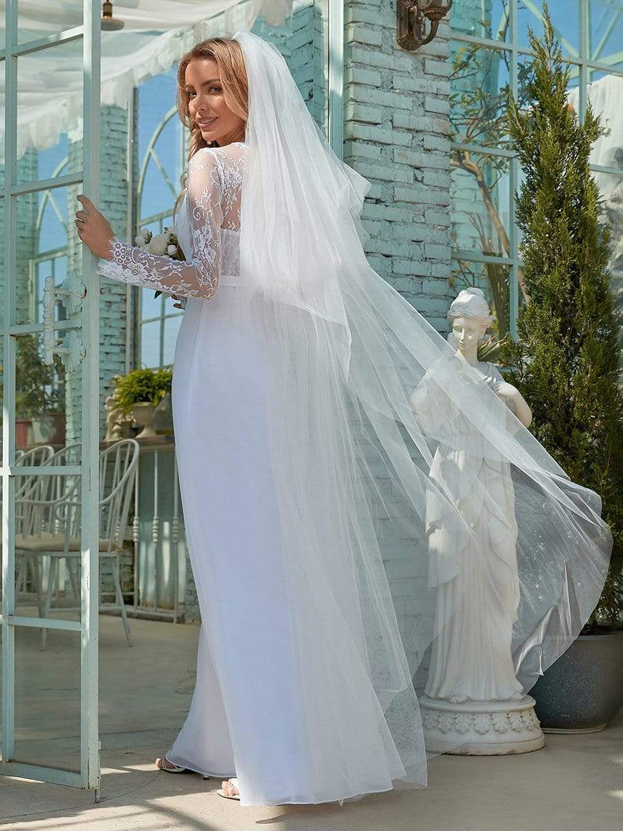 Color=White | Minimalist V-Neck Chiffon Wedding Dress With Long Sleeves-White 3