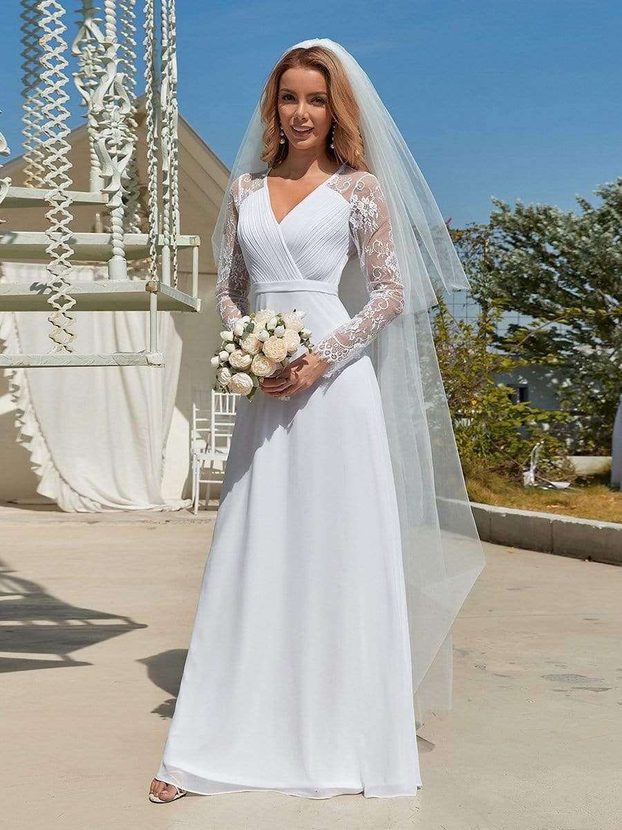 Color=White | Minimalist V-Neck Chiffon Wedding Dress With Long Sleeves-White 1