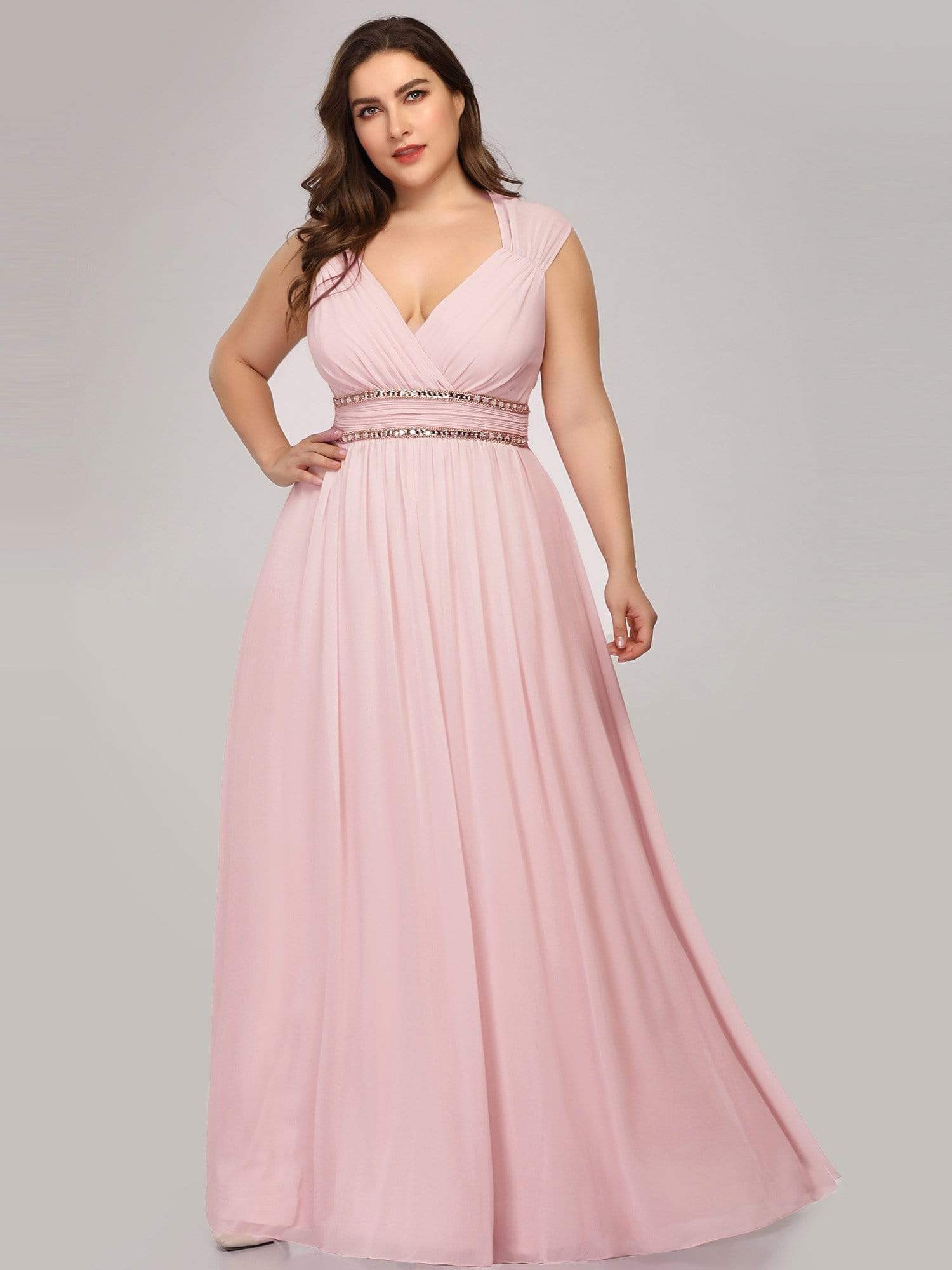 Color=Pink | Plus Size Sleeveless Grecian Style Evening Dress-Pink 2