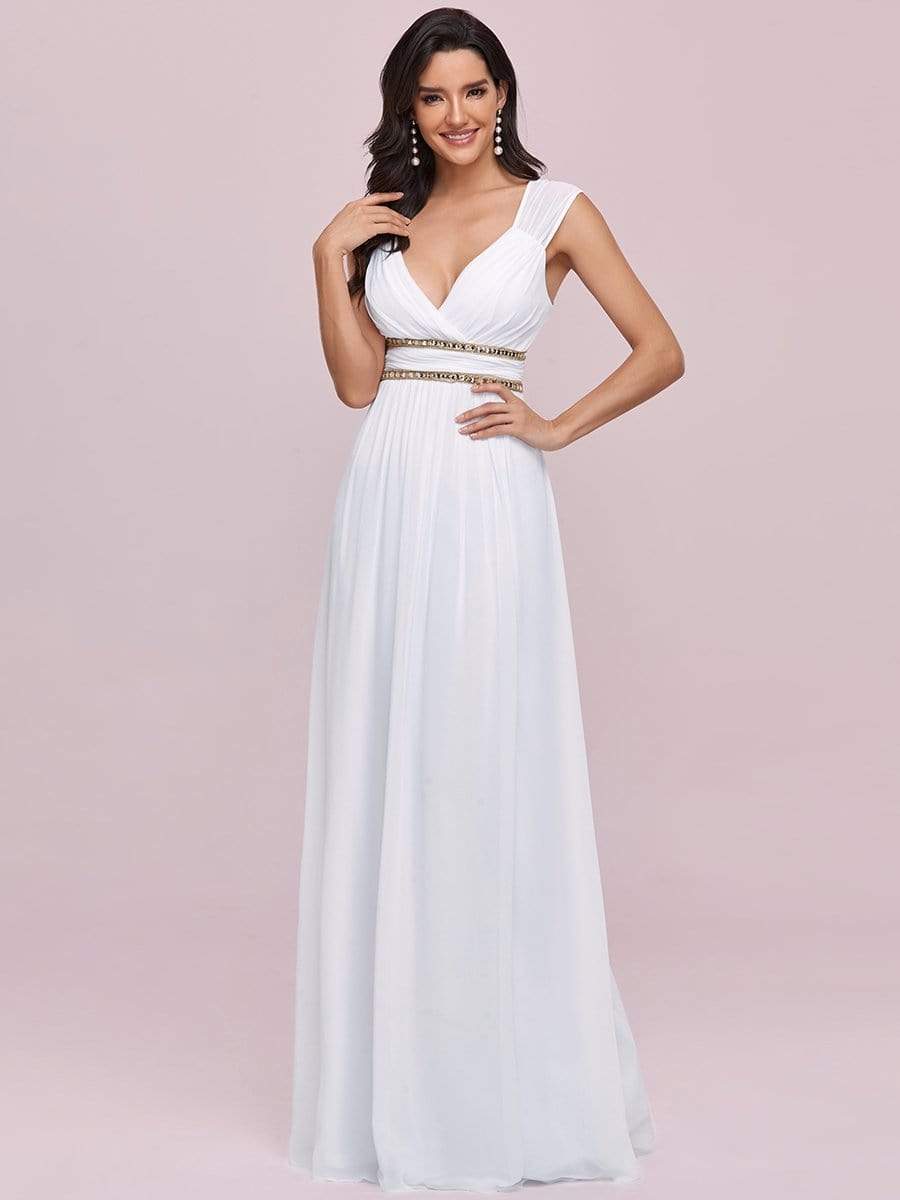 COLOR=White | Sleeveless Grecian Style Evening Dress-White 1