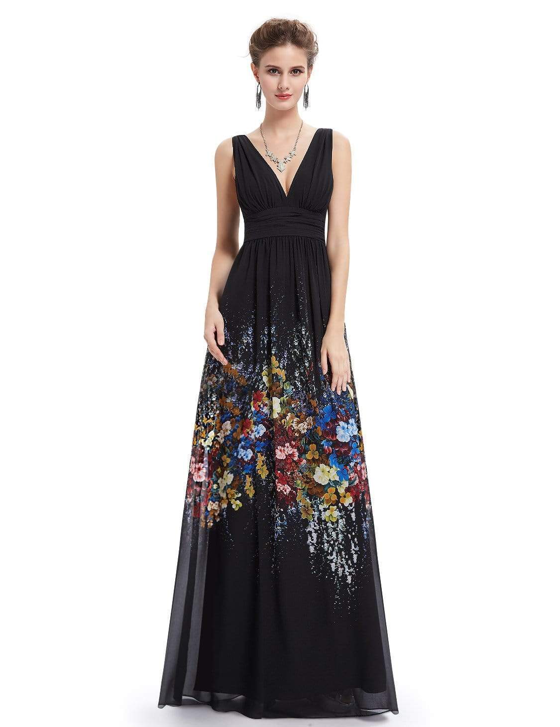 Color=Black | Sleeveless Long Floral Maxi Dress-Black 3