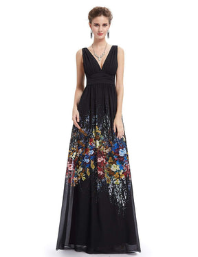 Color=Black | Sleeveless Long Floral Maxi Dress-Black 3