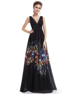 Color=Black | Sleeveless Long Floral Maxi Dress-Black 5