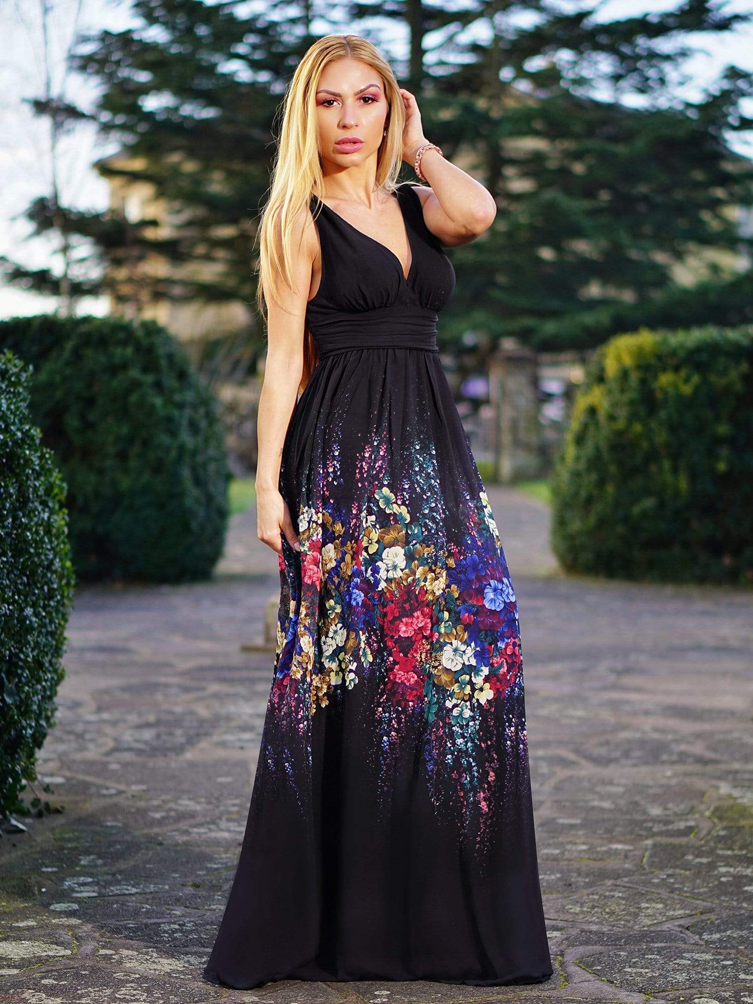 Color=Black | Sleeveless Long Floral Maxi Dress-Black 1