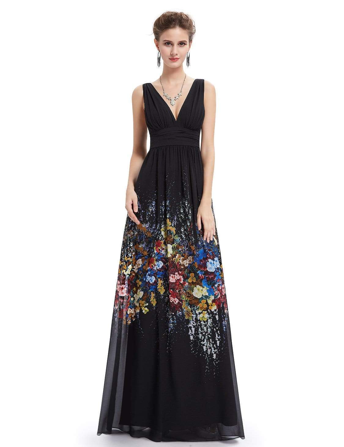 Color=Black | Sleeveless Long Floral Maxi Dress-Black 2