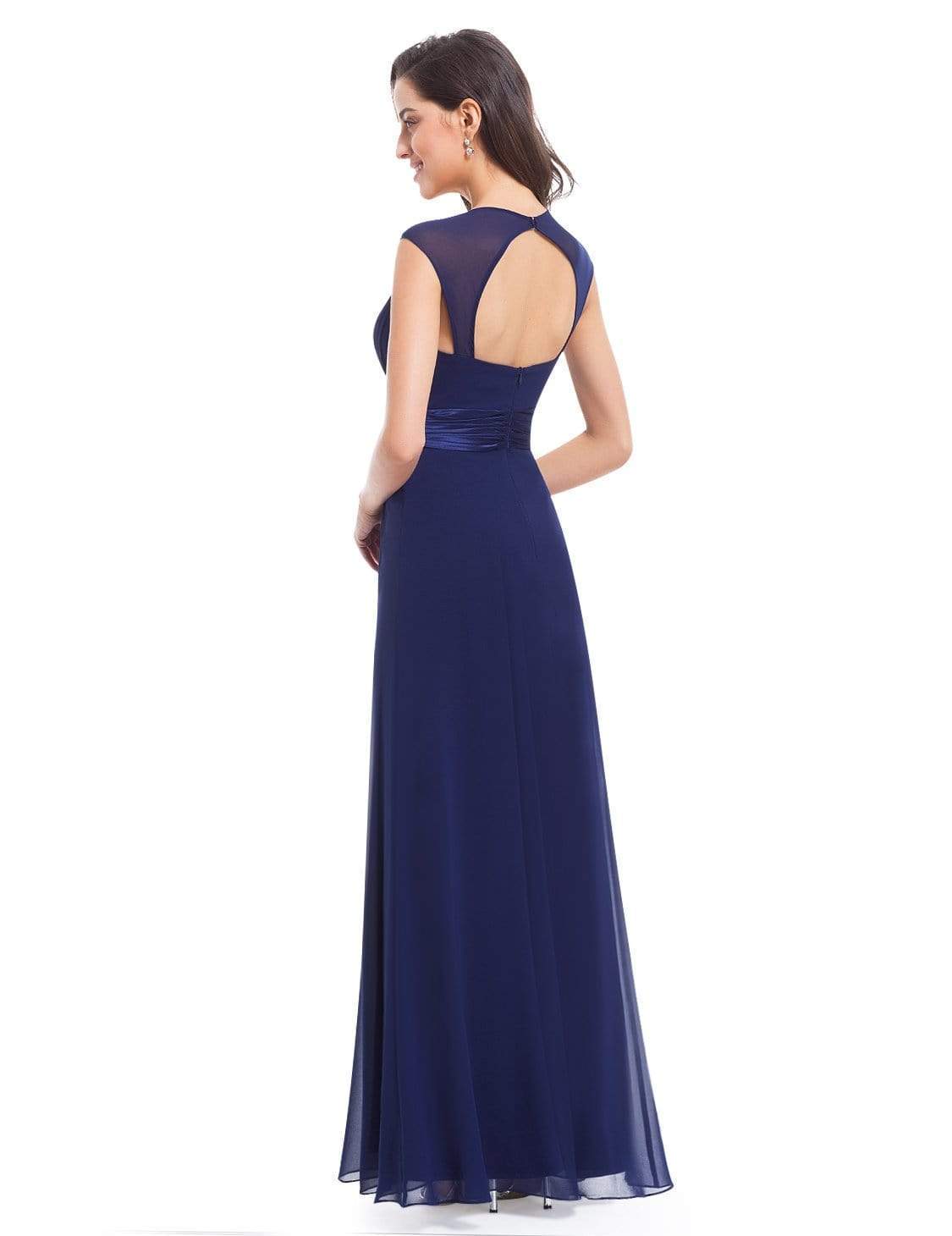 Color=Navy Blue | Sleeveless Floor Length Evening Dress With Empire Waist-Navy Blue 3