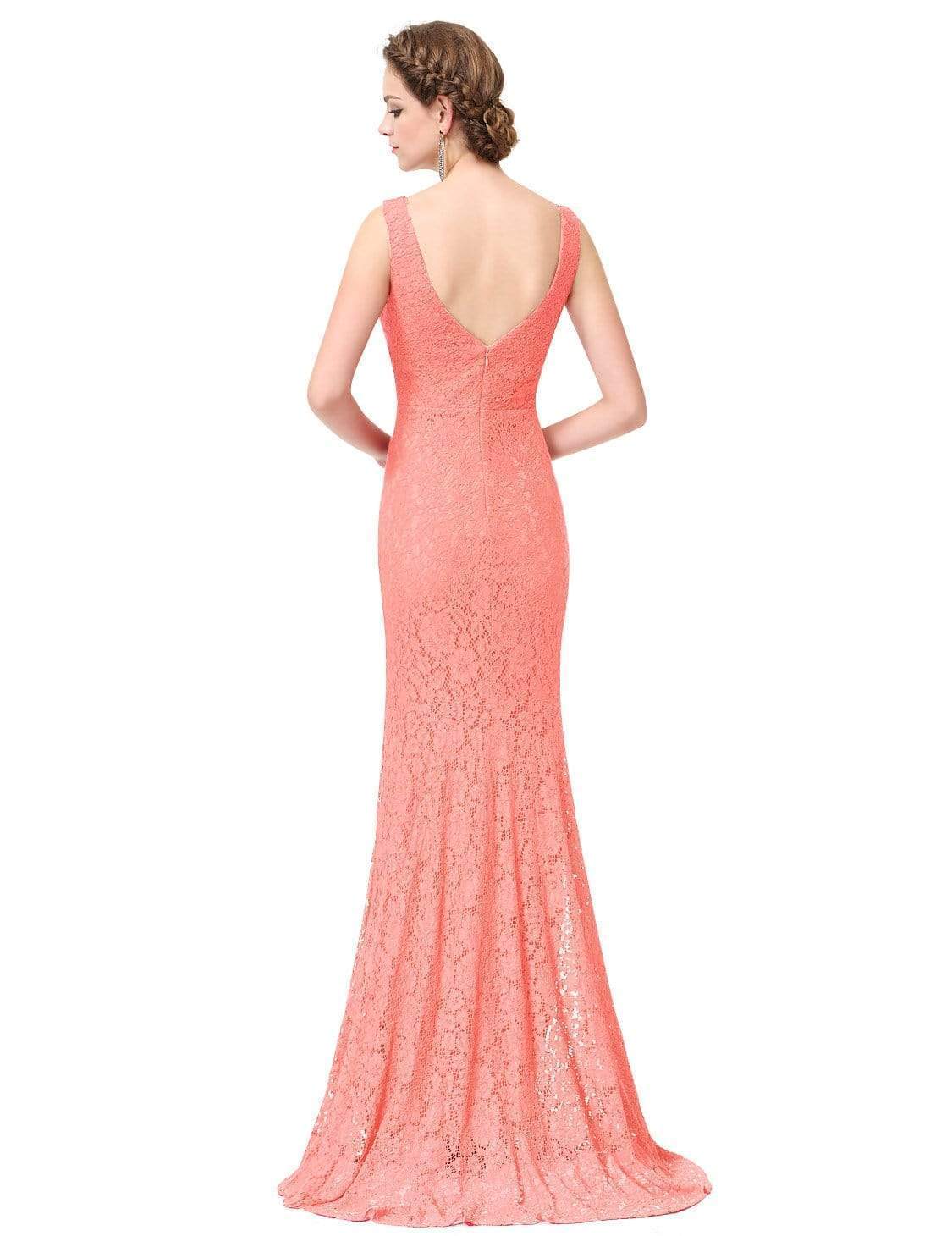 Color=Peach | Sexy Fitted Lace Mermaid Style Evening Gown-Peach 3