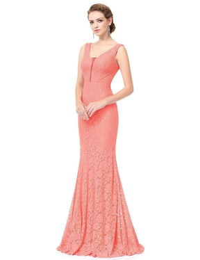 Color=Peach | Sexy Fitted Lace Mermaid Style Evening Gown-Peach 4
