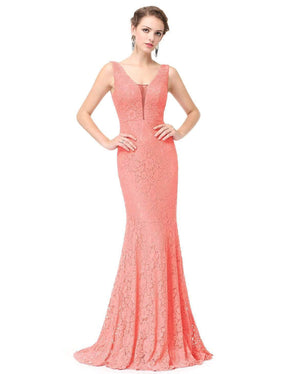 Color=Peach | Sexy Fitted Lace Mermaid Style Evening Gown-Peach 5