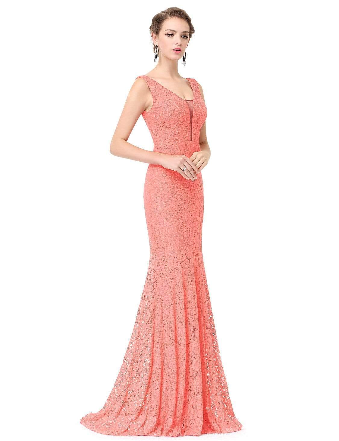 Color=Peach | Sexy Fitted Lace Mermaid Style Evening Gown-Peach 1