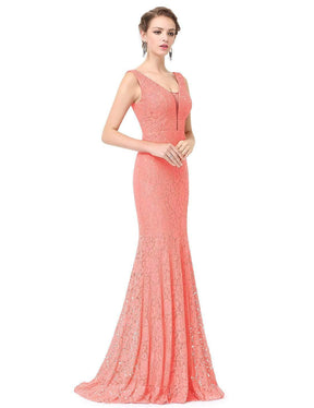 Color=Peach | Sexy Fitted Lace Mermaid Style Evening Gown-Peach 1