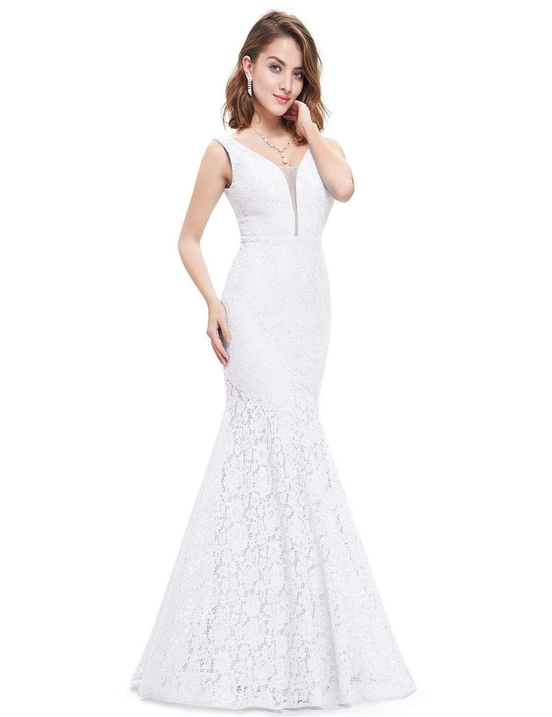 Color=White | Sexy Fitted Lace Mermaid Style Evening Gown-White 2