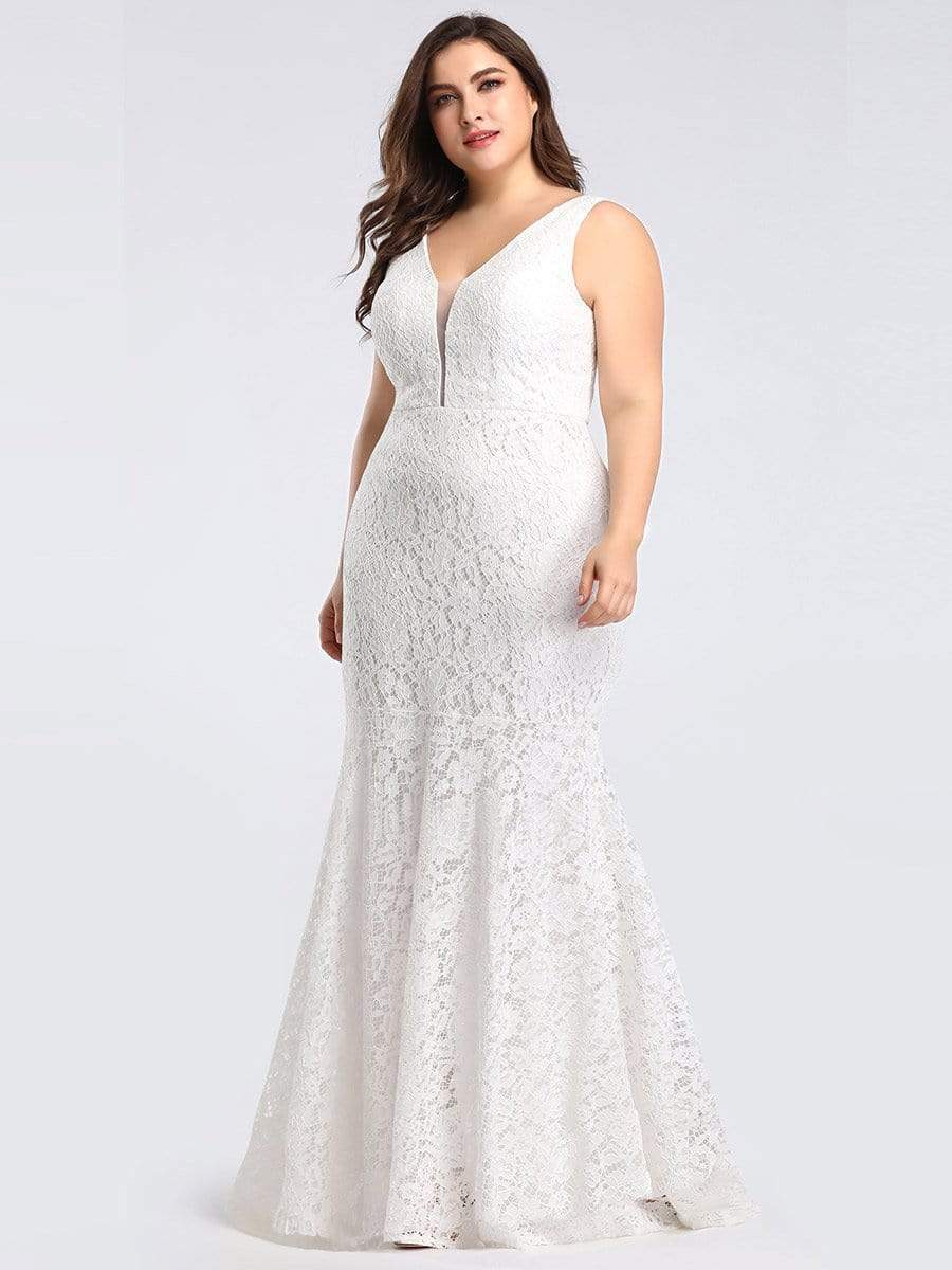 Color=White | Plus Size Sexy Fitted Lace Mermaid Style Evening Gown-White 3