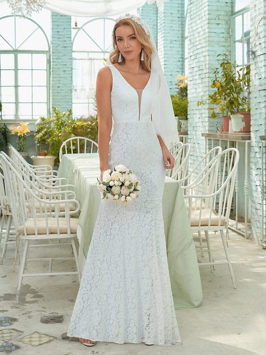 Color=White | Dainty Deep V Neck Sleeveless Fishtail Lace Wedding Dress-White 2