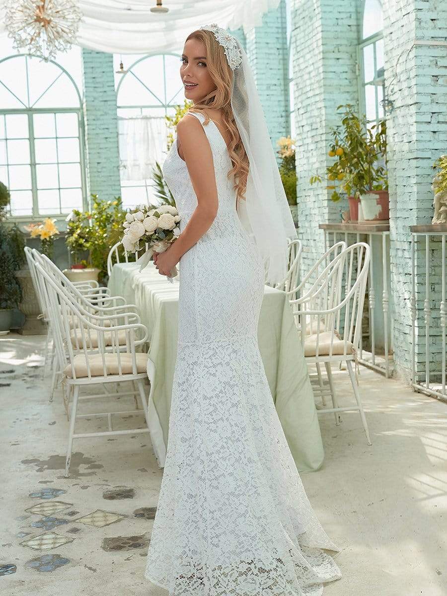 Color=White | Dainty Deep V Neck Sleeveless Fishtail Lace Wedding Dress-White 3