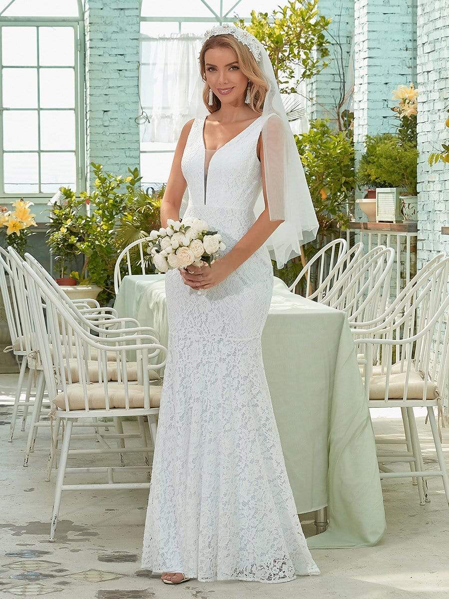Color=White | Dainty Deep V Neck Sleeveless Fishtail Lace Wedding Dress-White 1