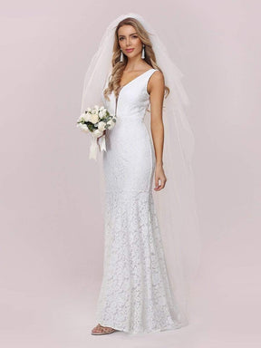 Color=White | Dainty Deep V Neck Sleeveless Fishtail Lace Wedding Dress-White 5