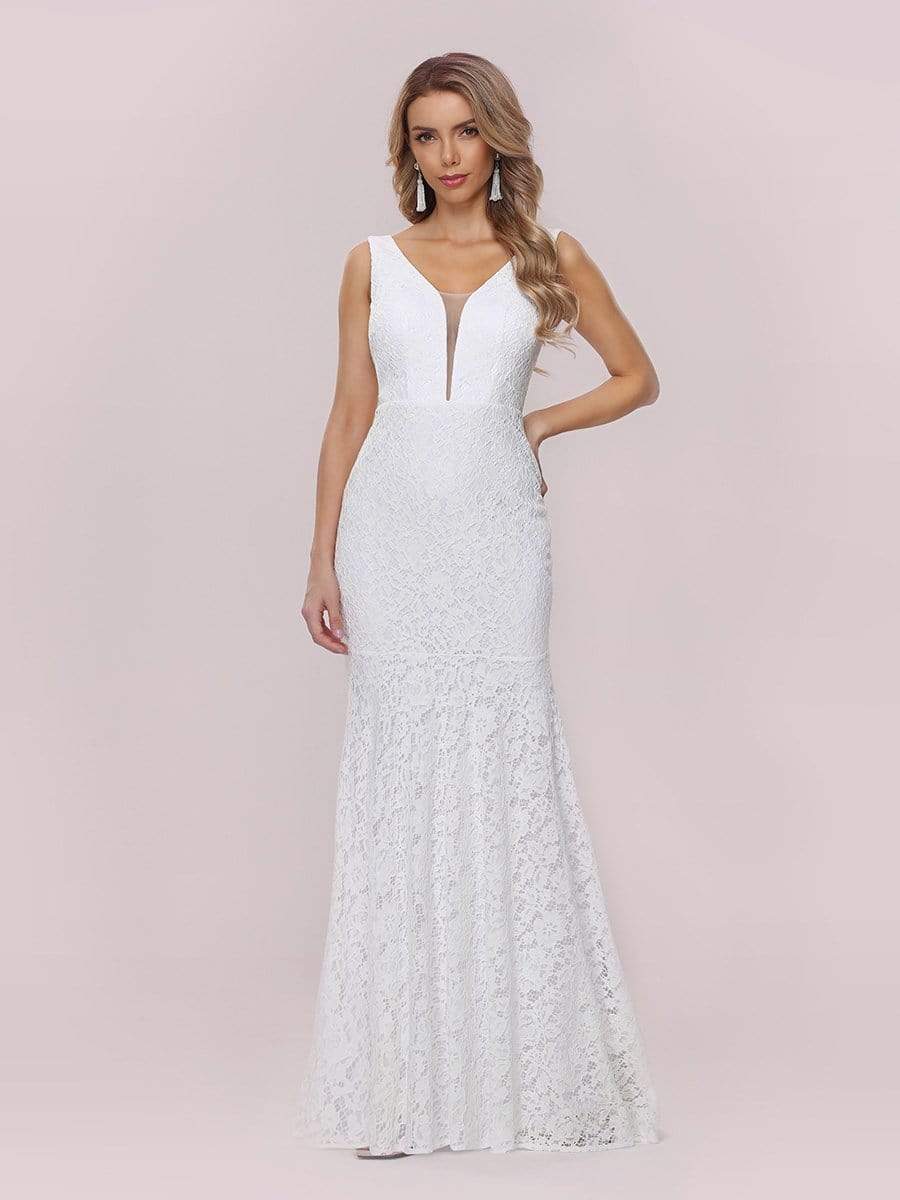 Color=White | Dainty Deep V Neck Sleeveless Fishtail Lace Wedding Dress-White 6