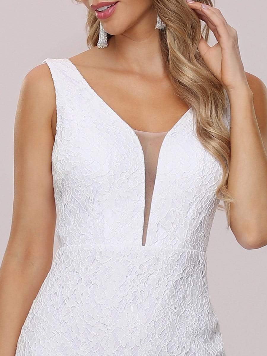 Color=White | Dainty Deep V Neck Sleeveless Fishtail Lace Wedding Dress-White 8
