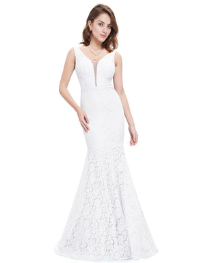 COLOR=White | Sexy Fitted Lace Mermaid Style Evening Gown-White 5