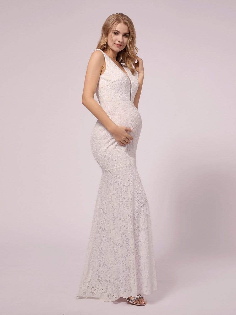 COLOR=White | Deep V Neck Lace Mermaid Maternity Dress-White 1