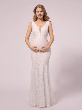 COLOR=White | Deep V Neck Lace Mermaid Maternity Dress-White 3
