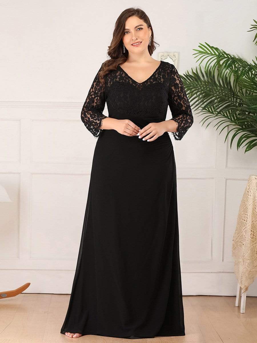 COLOR=Black | Maxi Long Elegant Plus Size Evening Gowns For Women With Long Sleeve-Black 4