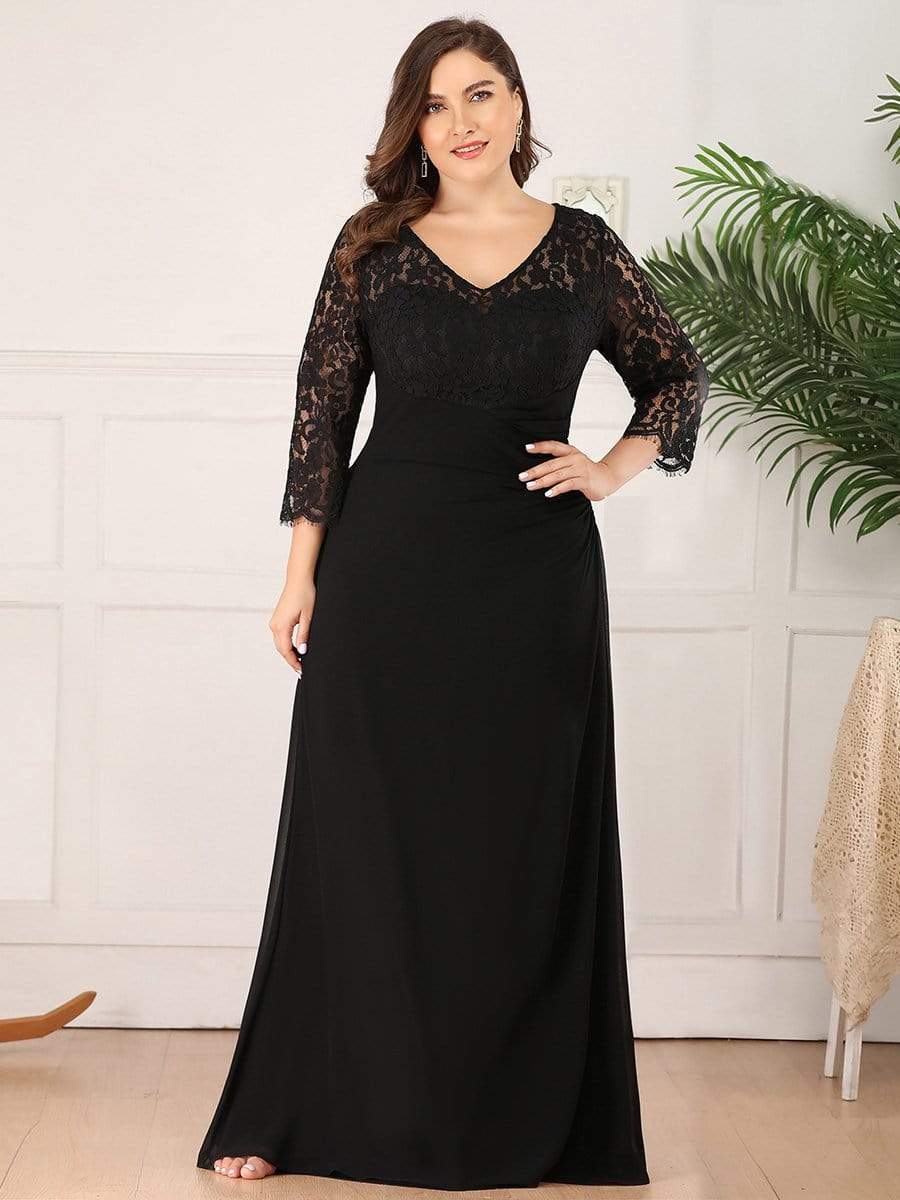 COLOR=Black | Maxi Long Elegant Plus Size Evening Gowns For Women With Long Sleeve-Black 1