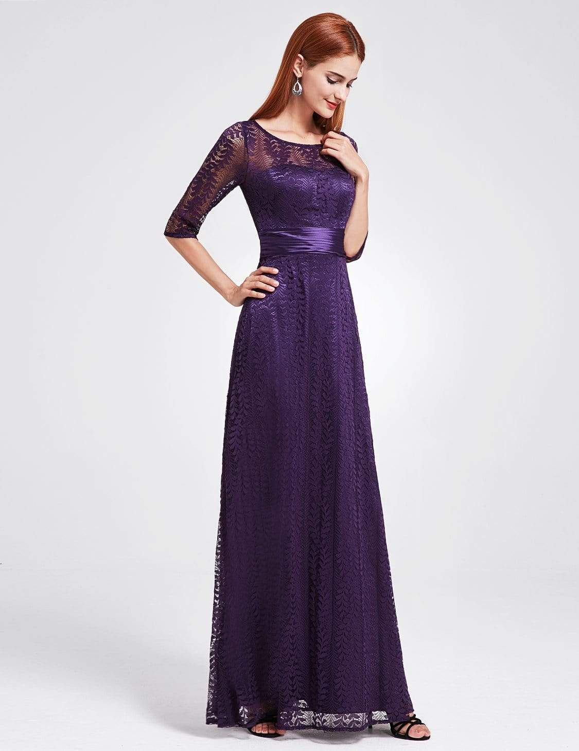 Color=Dark Purple | Long Sleeve Lace Formal Mother Of The Bride Dress-Dark Purple 3