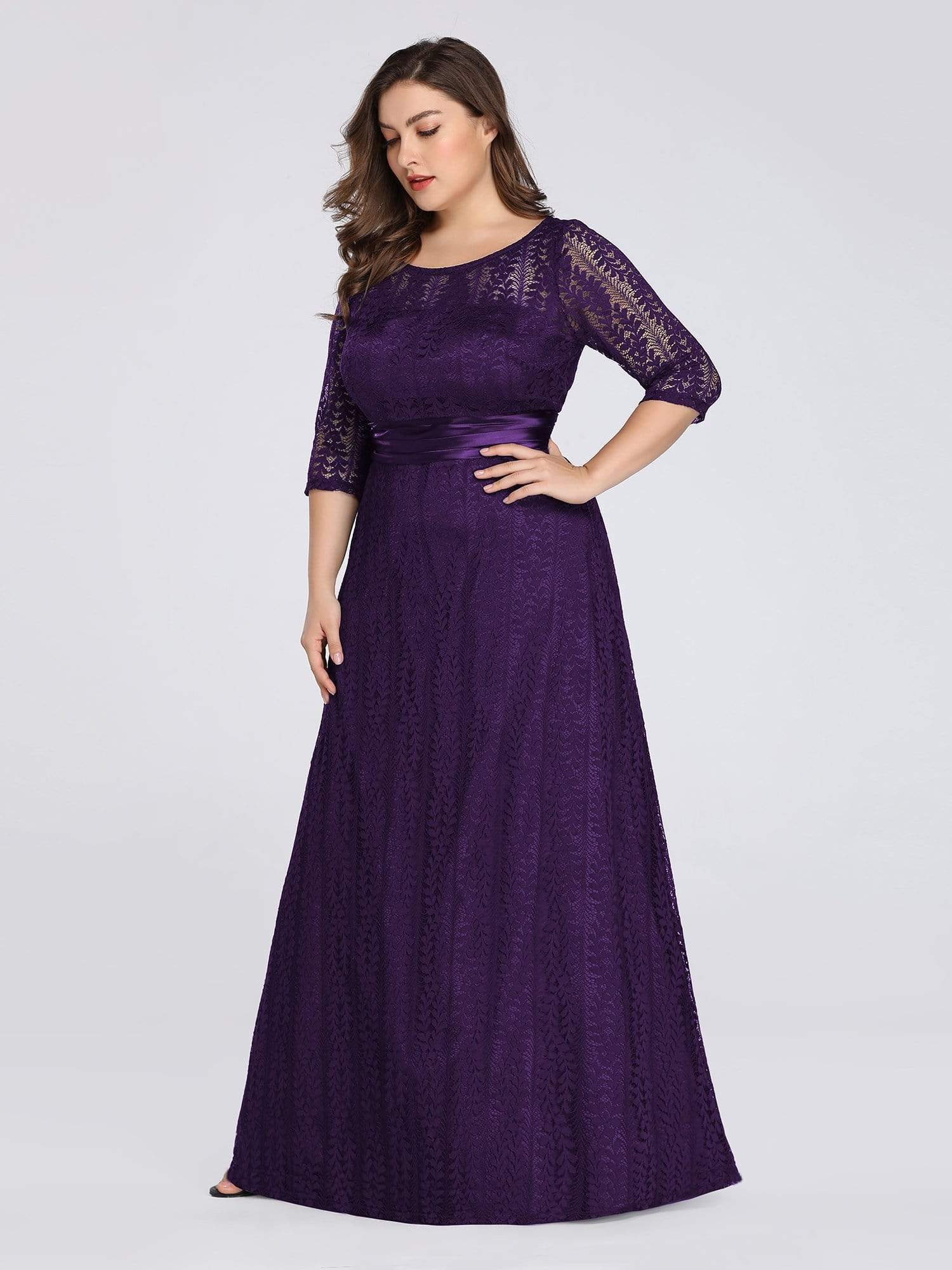 Color=Dark Purple | Plus Size Long Sleeve Lace Formal Mother Of The Bride Dress-Dark Purple 3