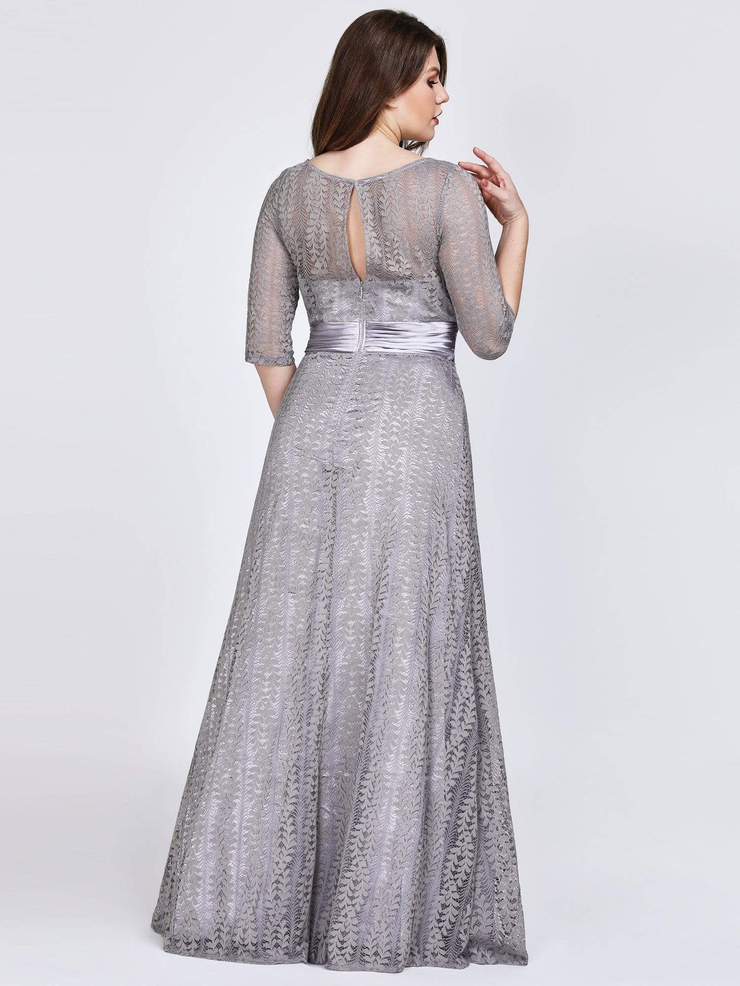 Color=Grey | Plus Size Long Sleeve Lace Formal Mother Of The Bride Dress-Grey 2