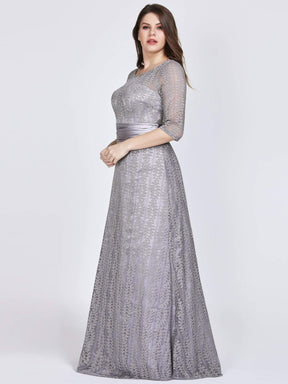 Color=Grey | Plus Size Long Sleeve Lace Formal Mother Of The Bride Dress-Grey 3
