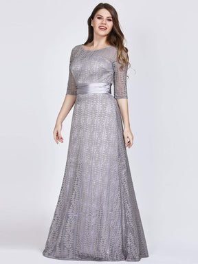 Color=Grey | Plus Size Long Sleeve Lace Formal Mother Of The Bride Dress-Grey 4