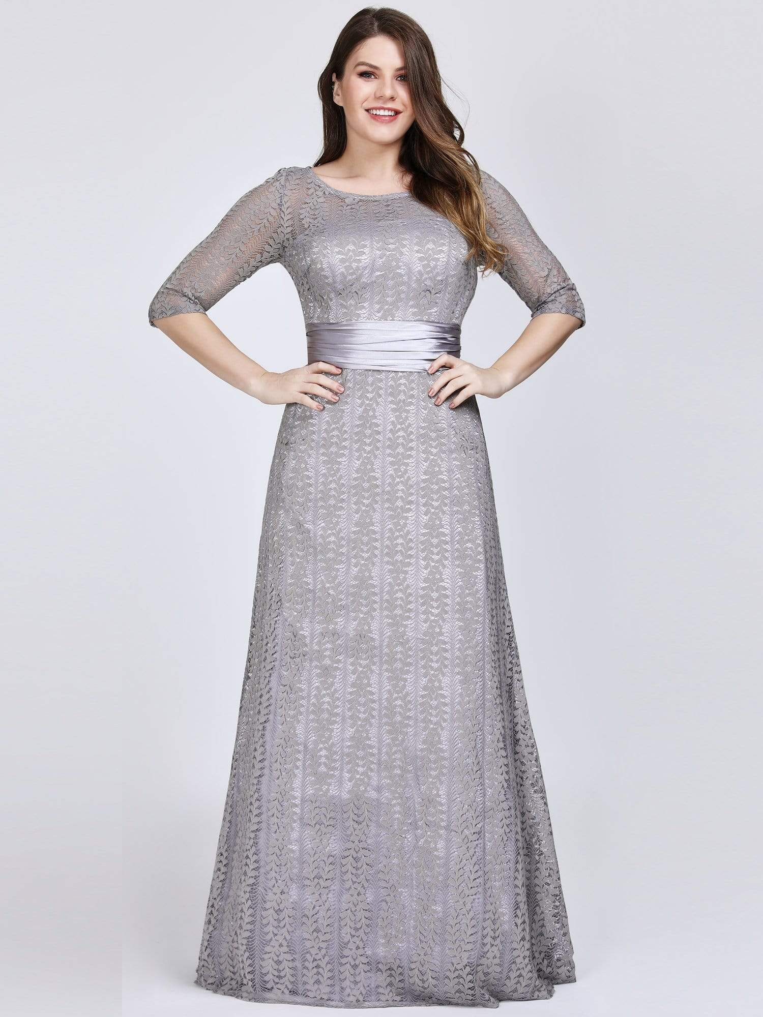 Color=Grey | Plus Size Long Sleeve Lace Formal Mother Of The Bride Dress-Grey 1